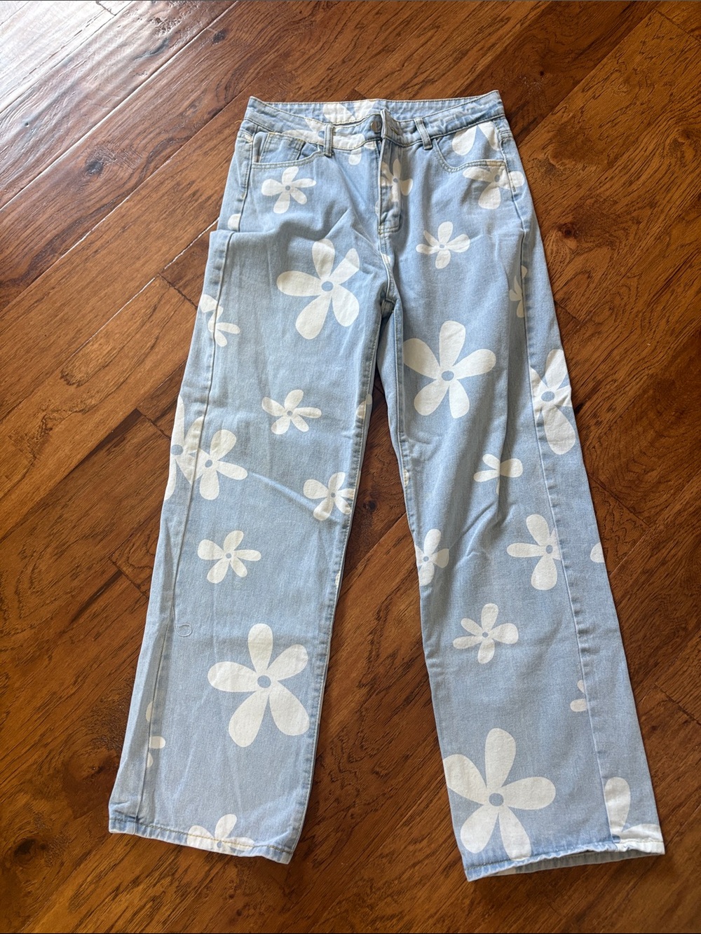 SHEIN Light Blue Floral Print Straight-Leg Jeans